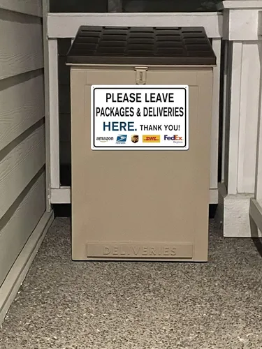 Vista 4 de Letrero de metal con texto en inglés «Please Leave Packages Deliveries Here» para interiores y exteriores, para puerta delantera, porche, oficina, 8