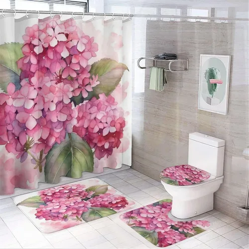Vista 12 de Juego de 4 cortinas de ducha con alfombras, juego de baño con cortina de ducha y alfombras, 4 piezas, flores femeninas, lila, rosa, rubor, verde