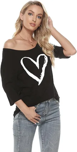 Vista 2 de MAGICMK Camiseta casual de talla grande con estampado de labios y hombros descubiertos para mujer