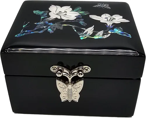 Vista 3 de Adornos de caja de joyería de laca hechos a mano, hechos de madera maciza con nácar natural tallado y pegado, se puede utilizar para almacenar