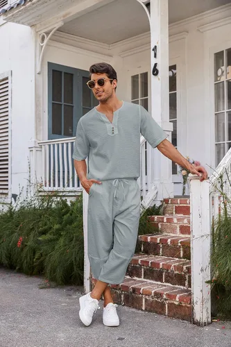 Vista 4 de COOFANDY Conjunto de 2 piezas de lino para hombre, camisa Henley de manga corta y pantalones capri harén, pierna ancha, holgados, pantalones de yoga