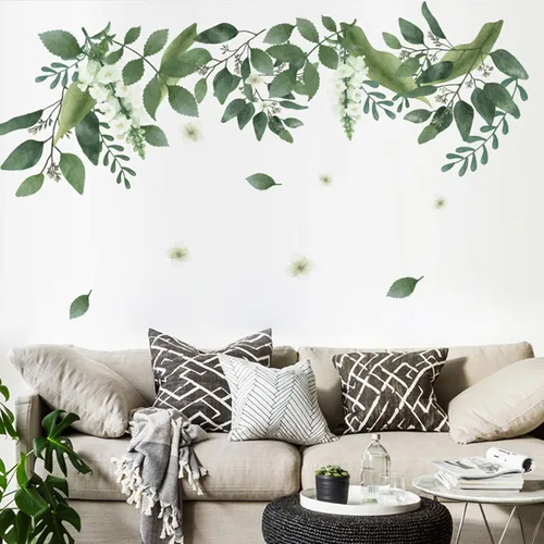 Vista 3 de Calcomanías de pared de hojas verdes colgantes, hojas de plantas frescas extraíbles, flores y vides, mural de pared de plantas verdes, hojas verdes