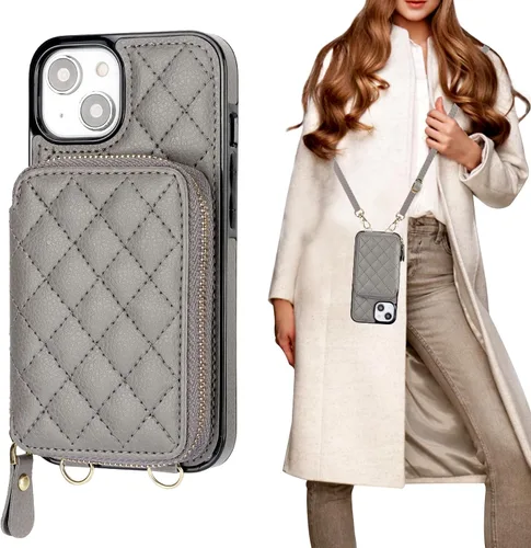 Vista 9 de Bocasal Funda tipo cartera cruzada para iPhone 14, con bloqueo RFID, de piel sintética, con cremallera, funda tipo cartera con función atril y Negro