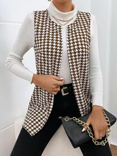 Vista 5 de WDIRARA Chaleco elegante sin mangas con pata de gallo abierto para mujer, abrigo largo