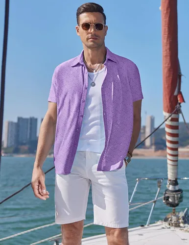 Vista 2 de COOFANDY Camisa de playa con botones para hombre, de manga corta, informal, para vacaciones, verano, tropical