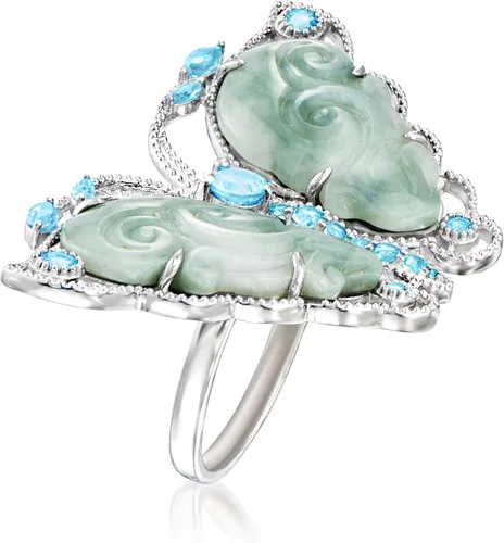 Vista 3 de Ross-Simons Anillo de jade y mariposa de topacio azul suizo de 0.70 qt t t en plata de ley, Gema, multi