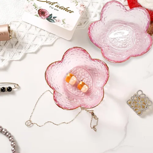 Vista 2 de Regalos para mujeres, plato para baratijas con flores, plato para joyería de vidrio rosa, soporte para anillos, bandeja de joyería, decoración