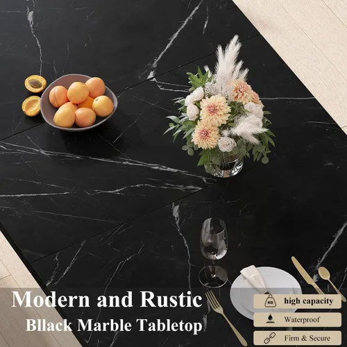 Vista 4 de HSH Mesa de comedor de 55 pulgadas para 4, moderna mesa de comedor de mármol sintético negro, mesa de cocina rectangular con pedestal resistente