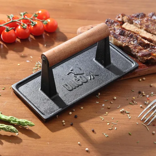 Vista 7 de UNCO Prensa de parrilla de hierro fundido: 6.9' redondo y 8.3' x 4.3' rectangular - Prensa de hamburguesas y carne, ideal para planchas
