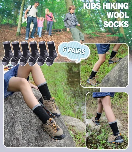 Vista 2 de Calcetines de senderismo de lana merino para niños y niñas, para invierno, cálidos, gruesos, térmicos, calcetines de regalo, 6 pares