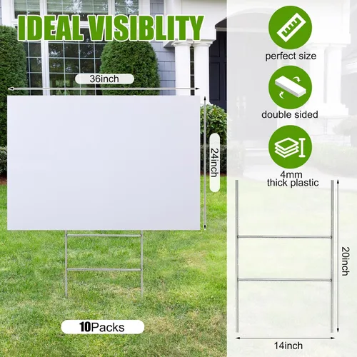 Vista 2 de Leinuosen 10 juegos de letreros de plástico corrugado de 24 x 36 pulgadas, letreros en blanco para patio con estacas en H corrugado, hoja de cartel