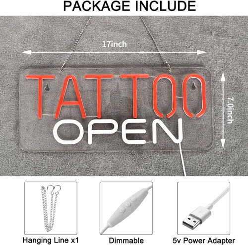 Vista 3 de TATTOO OPEN - Letrero de neón para decoración de pared con interruptor regulable, luz LED de neón para negocios Blanco y rojo