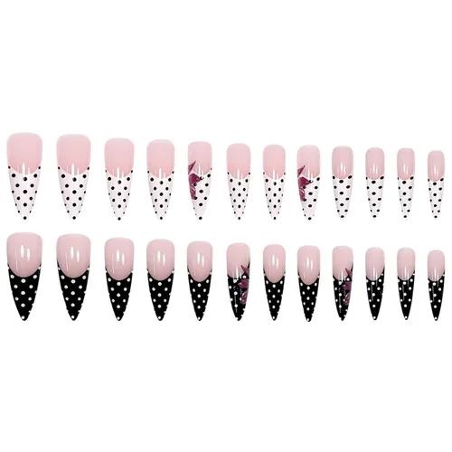 Vista 4 de Uñas postizas largas a presión, color negro, diseño francés y floral, 24