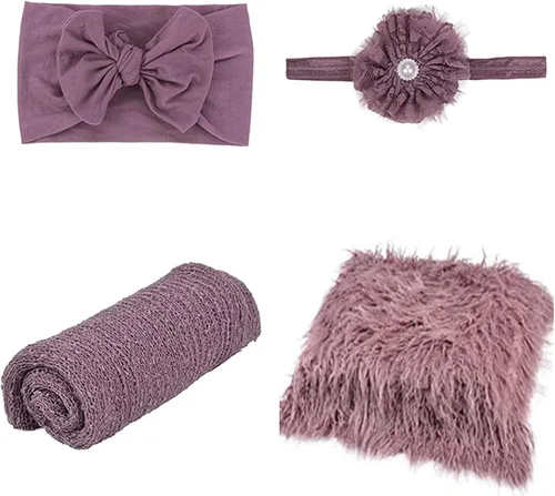 Vista 4 de 4 piezas de accesorios de fotografía para recién nacidos Envoltura larga de bebé y mantas de bebé Tapete de fotografía con bonitas diademas