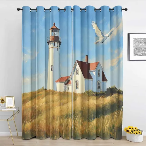 Vista 8 de Cortinas de faro costero de 54 pulgadas de largo, 2 paneles, cortinas opacas con ondas de vela para decoración de dormitorio, sala de estar, Negro