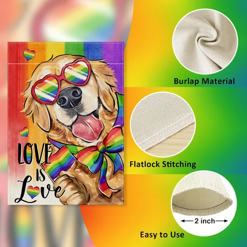 Vista 3 de Love is Love Golden Retriever Dog Rainbow - Bandera decorativa para jardín, decoración exterior del mes del orgullo de mascotas LGBTQ