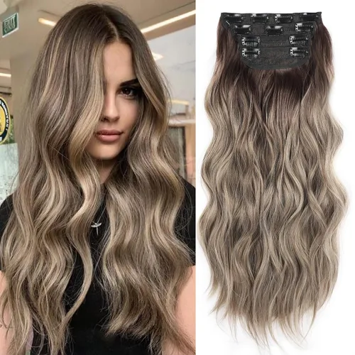 Vista 24 de 4 piezas de extensiones de cabello rizado con clip, color dorado oscuro, mezcla de rubio beige, sintético de 20 pulgadas de largo, extensiones
