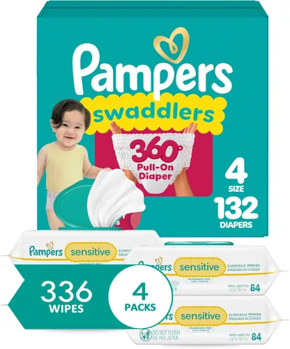 Vista 18 de PAMPERS Swaddlers 360 - Pañales con sistema de ajuste, talla 3, 156 unidades, con toallitas para bebé sensibles, 4 paquetes con tapa abatible