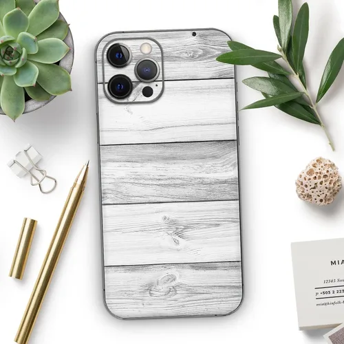 Vista 7 de DesignSkinz Kit de calcomanías de cuerpo completo compatible con iPhone 15 Plus, tablones de madera blanca y gris