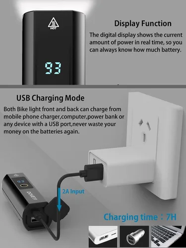 Vista 2 de Luces de bicicleta delanteras y traseras, luces de bicicleta recargables USB de 5000 mAh, súper brillantes de 1200 lúmenes para bicicleta y luces
