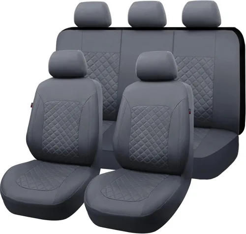 Vista 8 de Flying Banner - Fundas para asientos de coche, cuero sintético, resistentes, para banco trasero, juego completo, impermeables, ajuste universal Beige