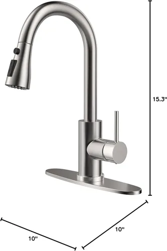 Vista 7 de Grifo de cocina con rociador desplegable de un solo mango, arco alto, acero inoxidable comercial, níquel cepillado, grifo para fregadero de cocina