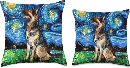 Vista 3 de Sagittarius Gallery Happy German Shepherd Starry Night Dog Art by Aja Throw Pillow (16.0 x 16.0 in), multicolor