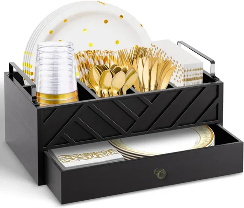 Vista 9 de Ameuphercy Dispensador de platos de papel de madera, soporte para platos de papel con portavasos grande para encimera de cocina, organizador