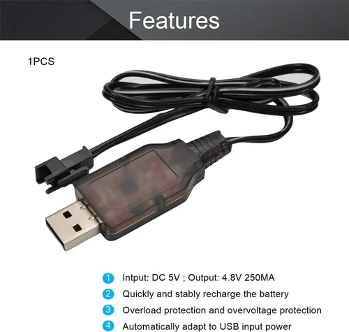 Vista 3 de Fielect Cable de carga USB de 4.8 V 250mA con conector SM-2P enchufe para coche RC Ni-MH Ni-CD batería