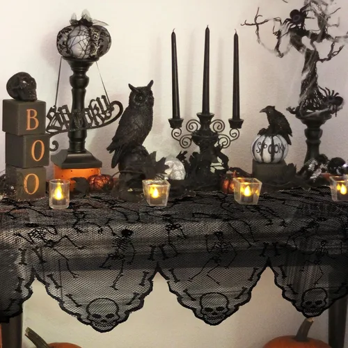 Vista 6 de AerWo Cubierta de bufanda de encaje negro para chimenea, decoración de Halloween para interiores, decoración de cortina de ventana de puerta
