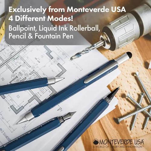 Vista 6 de Monteverde USA 9 en 1 - Pluma estilográfica en azul – Punta media, bolígrafo multifuncional con lápiz capacitivo, destornilladores, nivel y regla