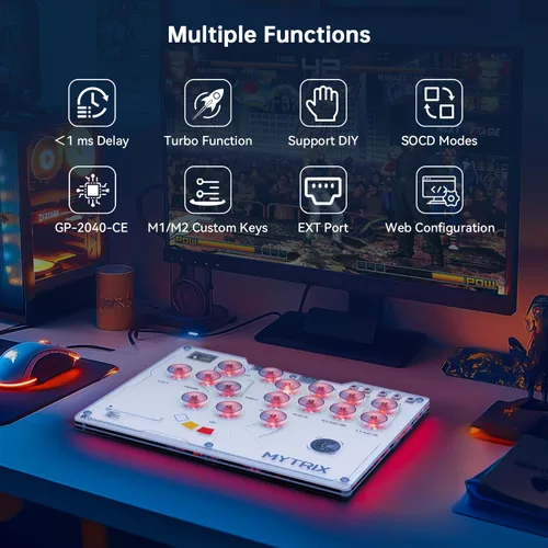 Vista 2 de Mytrix Arcade Stick for Haute42 16Keys All-Button Leverless Controller for PC/PS4/PS3/Switch/Steam, Turbo Functions, RGB Light, Supports Hot Swap