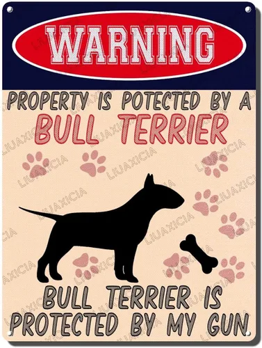 Vista 22 de LIUAXICIA Letreros divertidos de metal con texto en inglés "Warning Property is Potected by A American Bulldog is Protected by My Gun" The Coffee