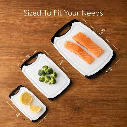 Vista 2 de Restaurantware Juego de tablas de cortar de 15.7 x 9.6 x 1.1 pulgadas, de plástico, antideslizante y reversible, tabla de preparación de alimentos
