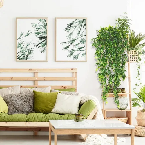 Vista 2 de Vid colgante artificial, juego de 2 plantas colgantes artificiales, plantas colgantes falsas para colgar en la pared, hojas de vid para decoración