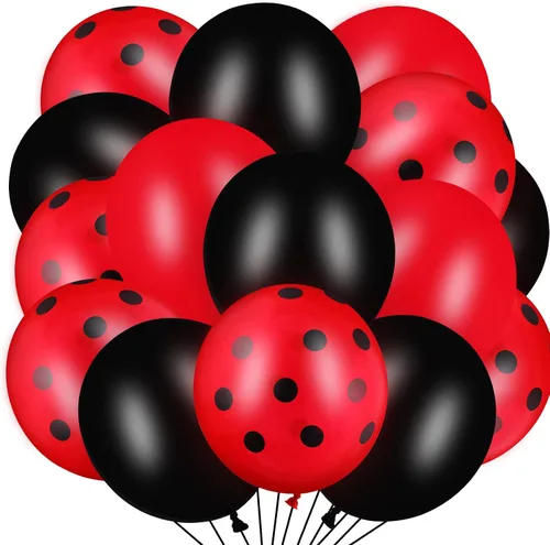 Vista 8 de Sumind 100 globos de látex de lunares negros y rojos, decoraciones de mariquita y fresa para decoración de fiestas, cumpleaños, suministros de boda
