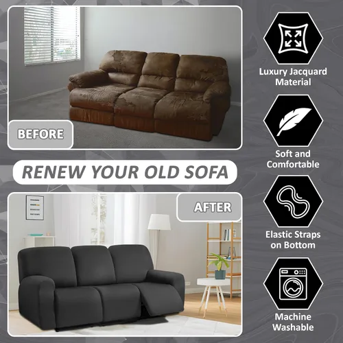 Vista 4 de ULTICOR Fundas para sofá reclinable de 8 piezas con diseño de jacquard cuadrado, fundas elásticas para sofá reclinable de 3 cojines, gruesas, suaves
