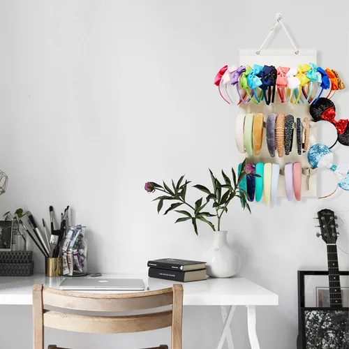 Vista 6 de Organizador de diadema colgante con 30 bucles elásticos para mujeres y niñas, diadema de pared, organizador para el hogar (beige)