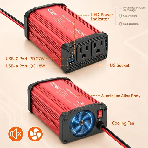 Vista 2 de ALLWEI Inversor de coche de 300 W con puerto USB-C de 65 W y USB 3.0 - CC 12 V a 110 V (negro y rojo)