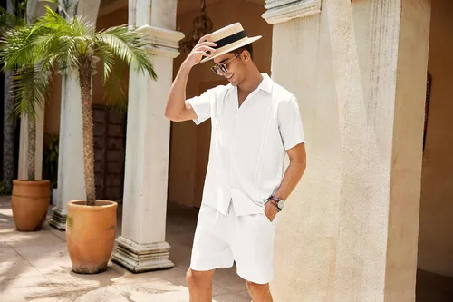 Vista 3 de COOFANDY Conjunto de 2 piezas de lino para hombre camisa con botones y pantalones cortos