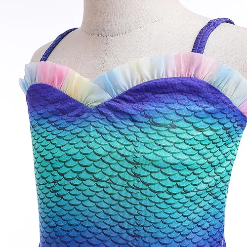 Vista 6 de Disfraz de sirena para niñas, disfraz de princesa para cumpleaños, cosplay, disfraces de Halloween con accesorios para peluca