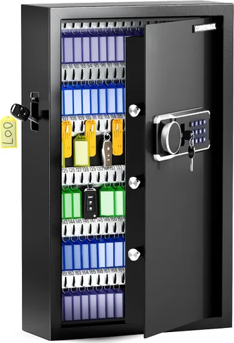 Vista 9 de KornerBatl Caja de bloqueo de llave de 65 posiciones con código, soporte de pared electrónico resistente para llaves con ranura de depósito y luz