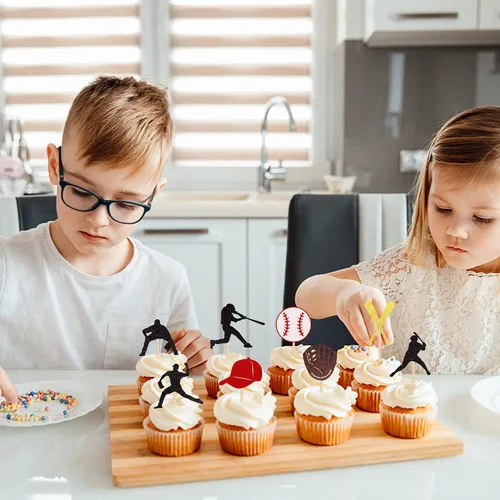 Vista 3 de 24 piezas de adornos para cupcakes de béisbol con purpurina, jugadores de béisbol, temática deportiva, adornos para magdalenas, temática deportiva