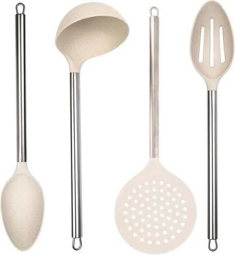 Vista 12 de Beille Juego de 3 cucharas de paja de trigo y cucharón de cocina para hornear, color crema