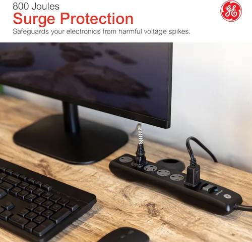 Vista 5 de GE Protector contra Sobretensiones con Regleta de Enchufes, Cable de Extensión de 4 Pies, Extensor de 6 Tomas, 800 Julios, Enchufe Plano, Cubiertas