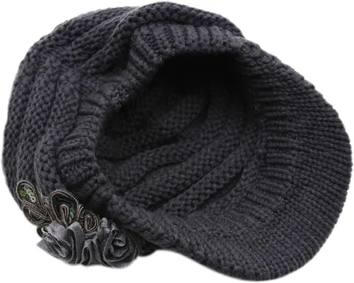 Vista 4 de C-US - Gorro de punto cálido para mujer, con visera de ganchillo con acento de flores