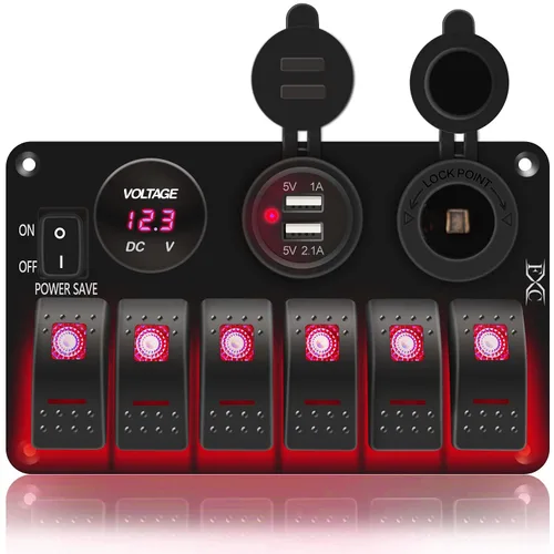 Vista 8 de FXC Panel de interruptor basculante de barco marino impermeable de 6 bandas con enchufe de ranura USB doble de 3.1 A + encendedor de cigarrillos +