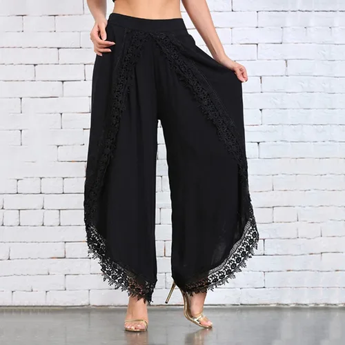 Vista 2 de Wide Leg Yoga Pants for Women Baggy Loose Elastic High Waist Solid Color Flowy Boho Beach Comfy Lace Harem