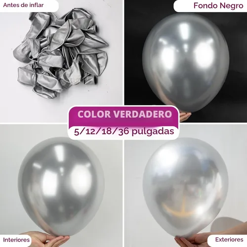 Vista 2 de Bezente - Globos redondos de látex cromado metálico plateado para helio, paquete de 100 unidades de 12 pulgadas Globos plateados para decoraciones
