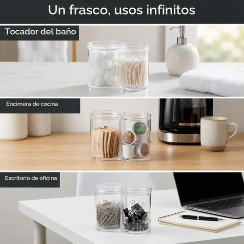 Vista 6 de ForPro - Tarro de boticario de acrílico transparente con 2 compartimentos con tapa, soporte inastillable y organizador de bolas de algodón